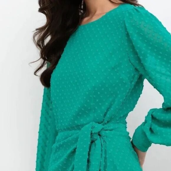 NWT YUMI KIM Daphne Faux Wrap Dress - Jewel Emerald Swiss Dot Small - Picture 3 of 12